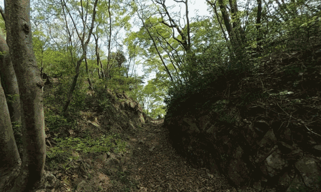 삼남대로 옛길 갈재 고개 정상. 그 옛날 암반을 깎아내고 그나마 이만큼의 공간을 만들었다.